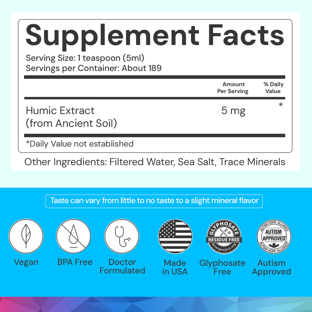 ION* Gut Support Liquid label closeup highlighting humic extract ingredients