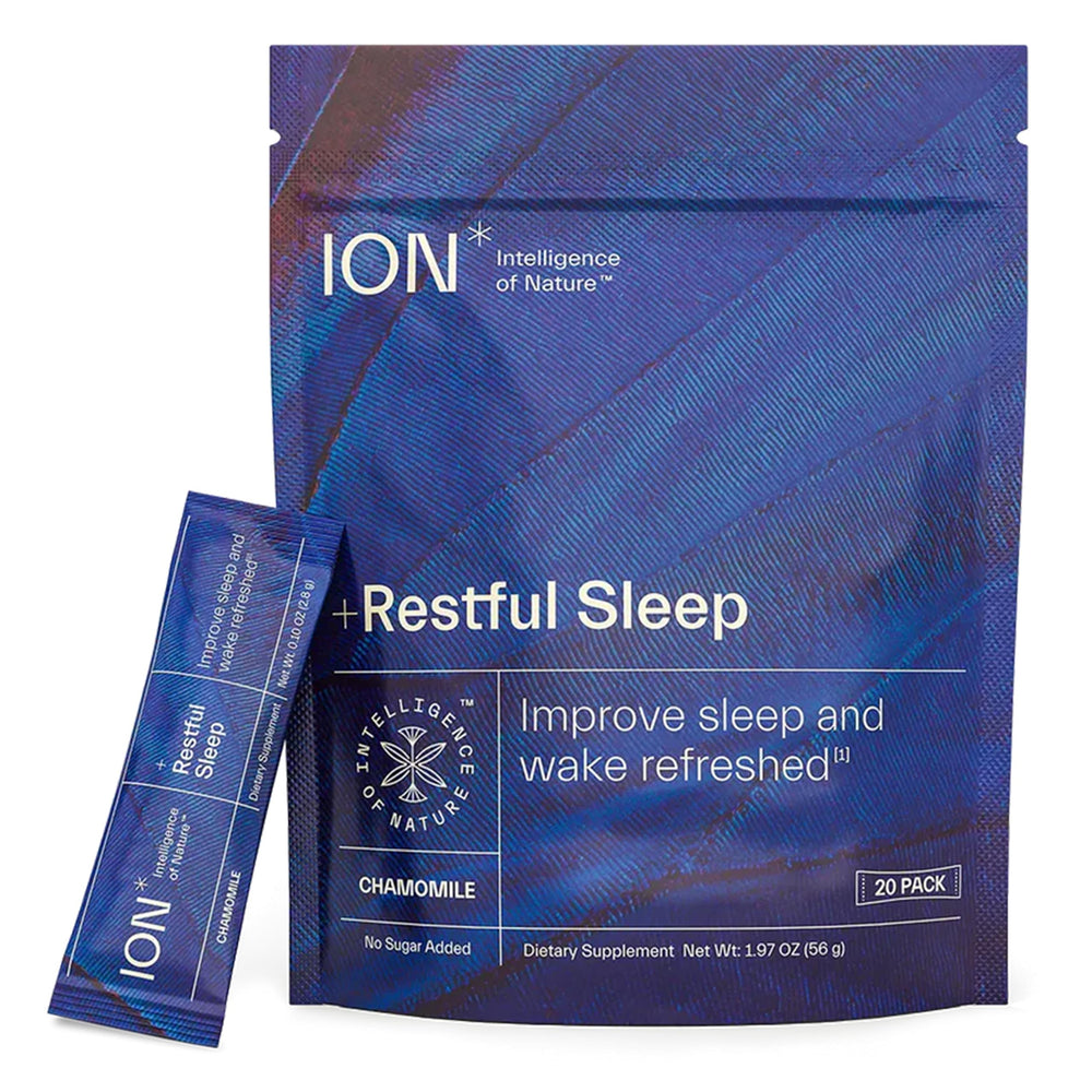 ION Restful Sleep ashwagandha packets on box for calm evenings before bed