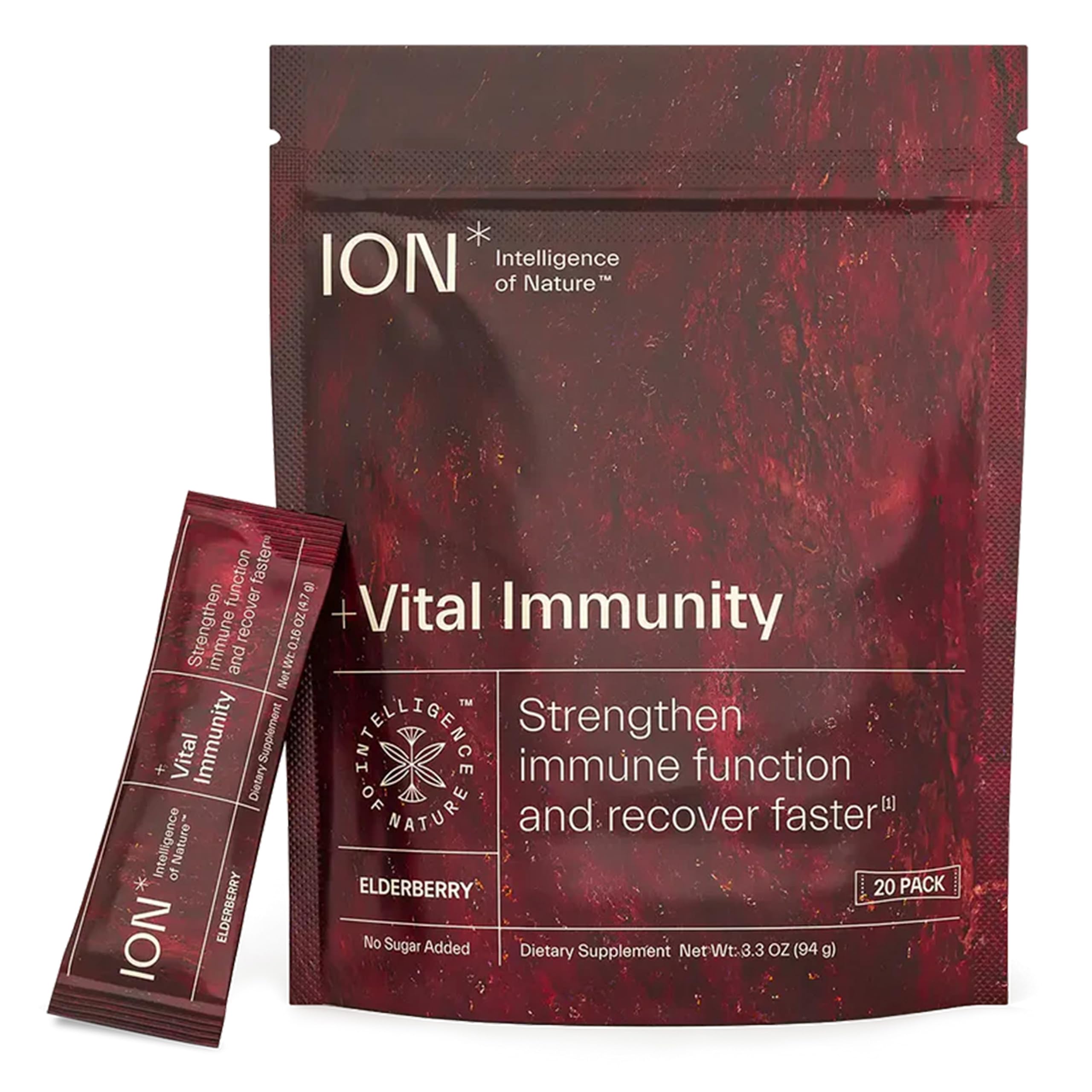 ION Vital Immunity elderberry packet closeup for portable immune support.