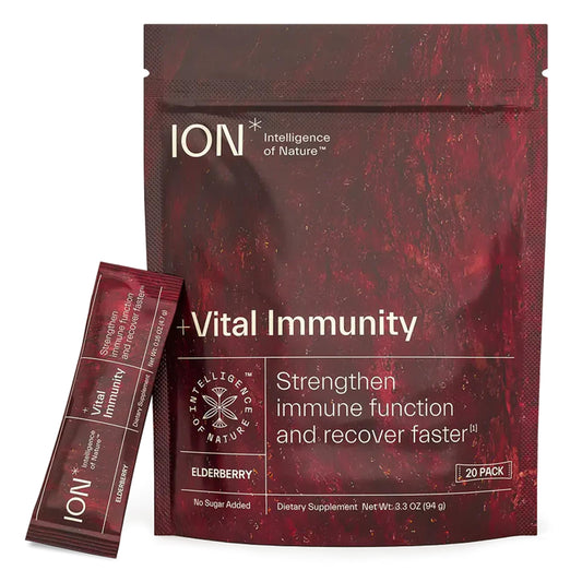 ION Vital Immunity elderberry packet closeup for portable immune support.