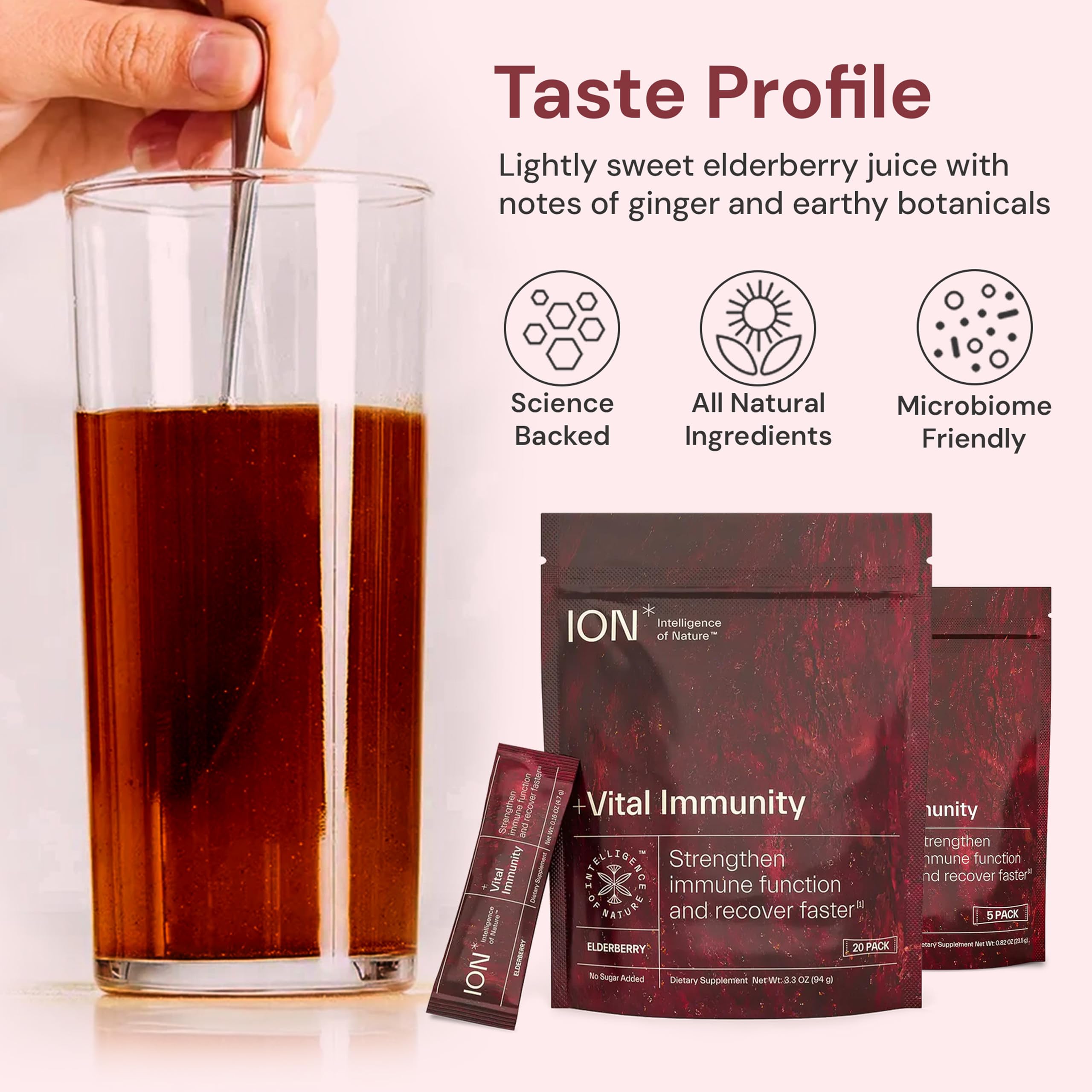 ION Vital Immunity ingredients panel highlighting vitamin C and elderberry.