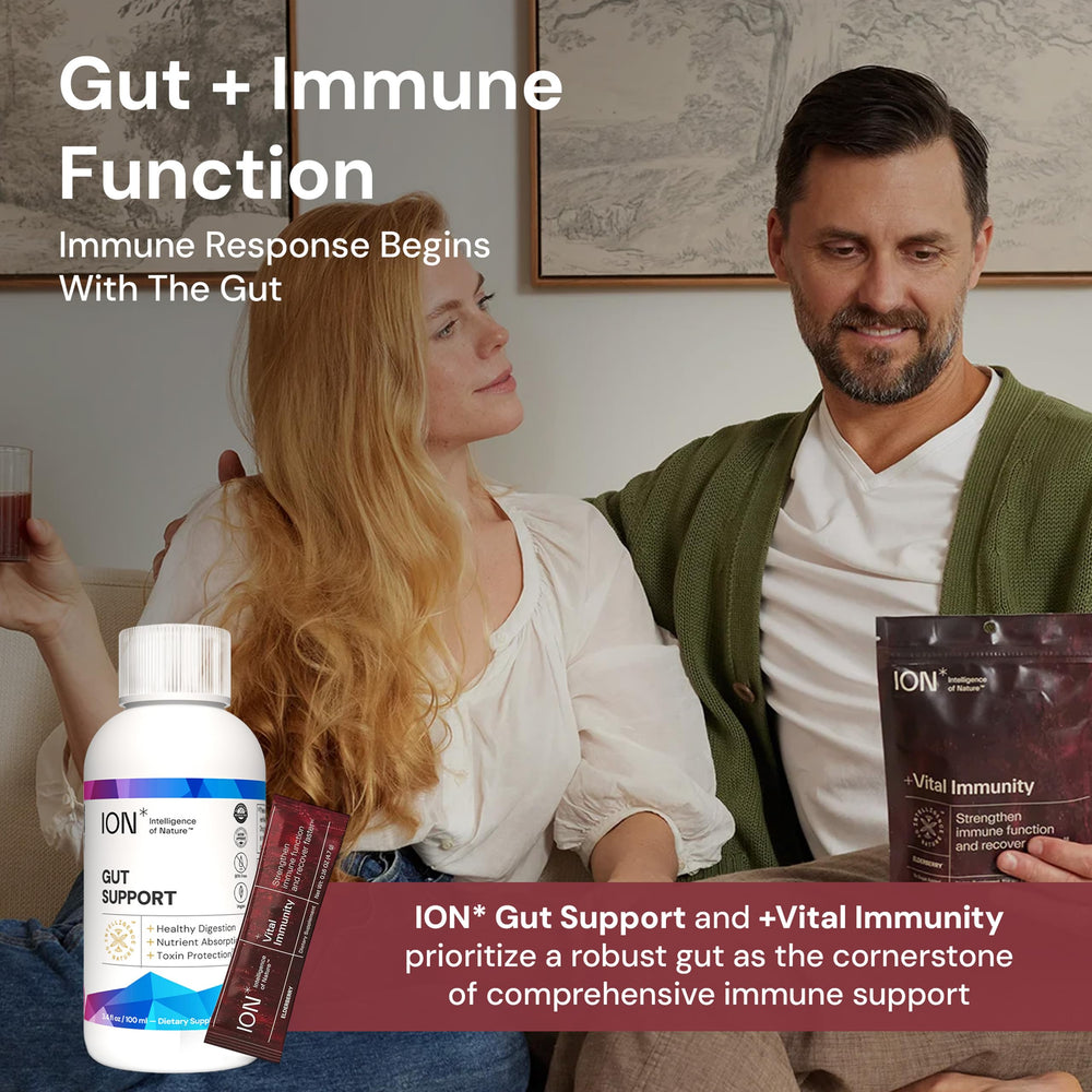 ION Vital Immunity ready-to-mix powder stirred into a refreshing elderberry drink.