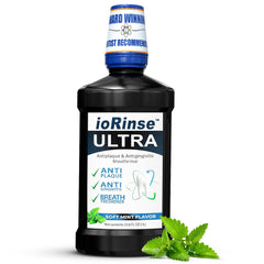 ioRinse Ultra bottle front view showing brand and sleek design for fresh breath and gum health.