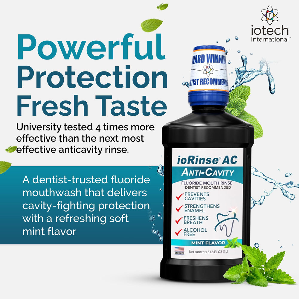 ioRinse AC cap closeup highlights a gentle, alcohol-free mouthwash for sensitive mouths.