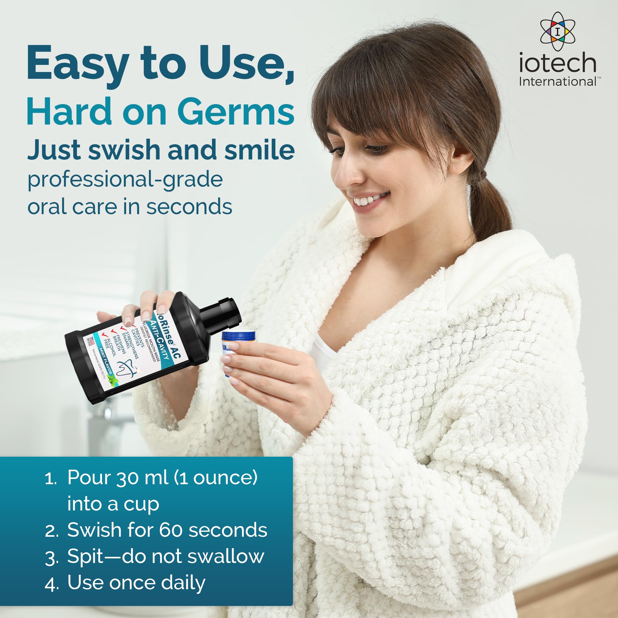 ioRinse AC measuring cap aids precise dosing for consistent care.