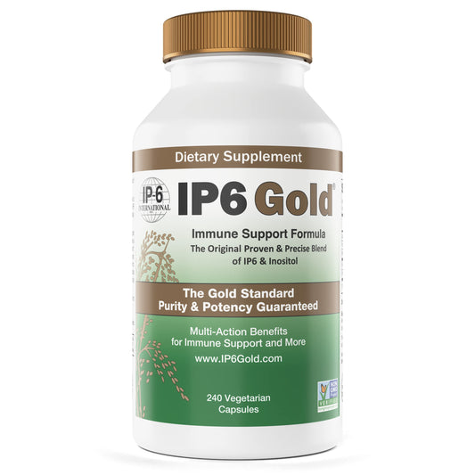 IP6 Gold capsules in bottle highlight pure ingredients for immune support.