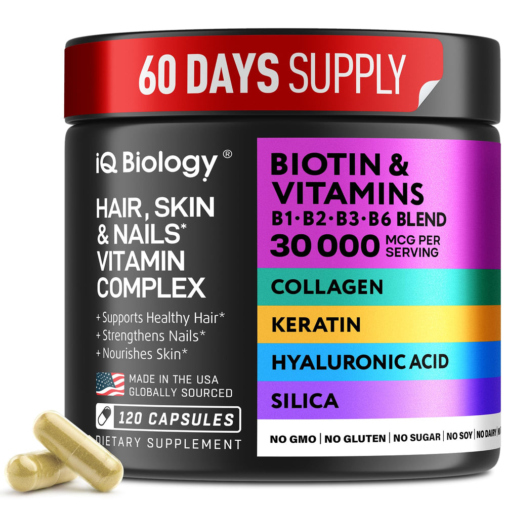 IQ BIOLOGY Biotin 10,000 mcg bottle for daily hair growth support