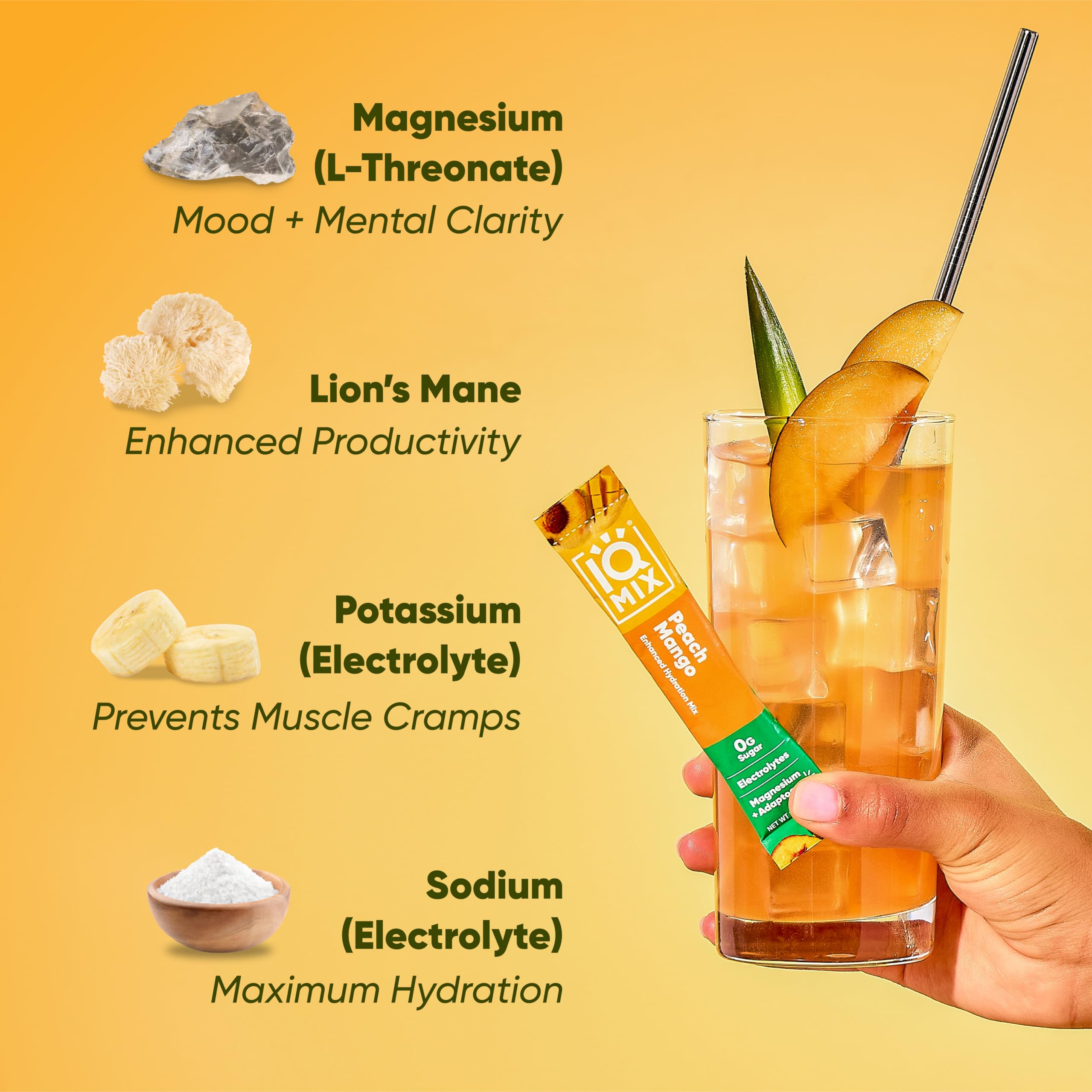 Glass of water with IQBAR IQMIX peach mango showing refreshing flavor.