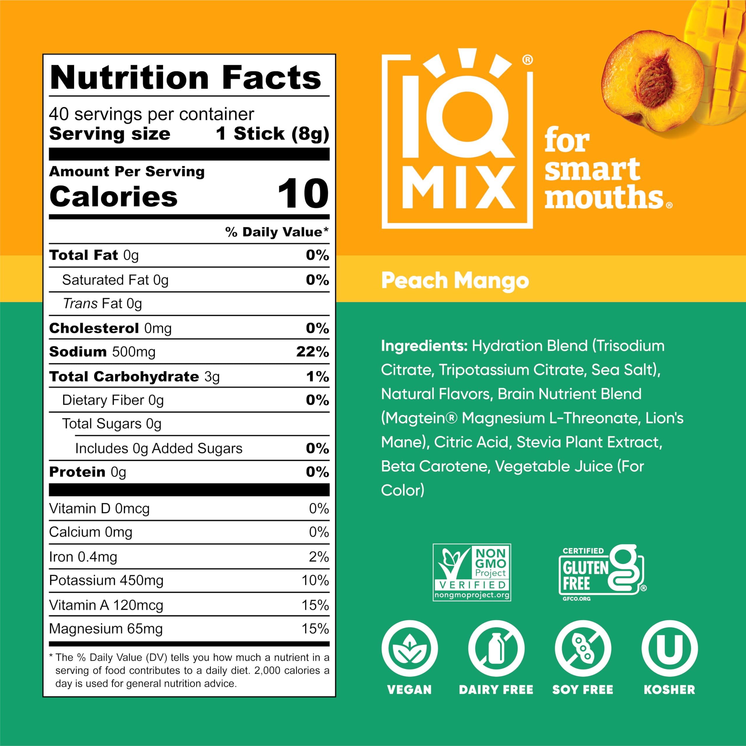 IQBAR IQMIX peach mango packet packaging shows portable electrolyte solution.