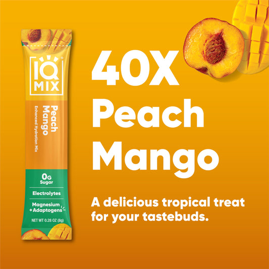 IQBAR IQMIX peach mango stick close-up highlighting convenient sugar-free hydration.
