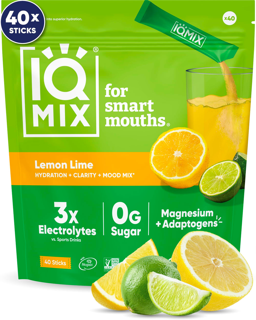 IQMIX hydration electrolyte powder Lemon Lime packet for quick hydration and sharper focus.