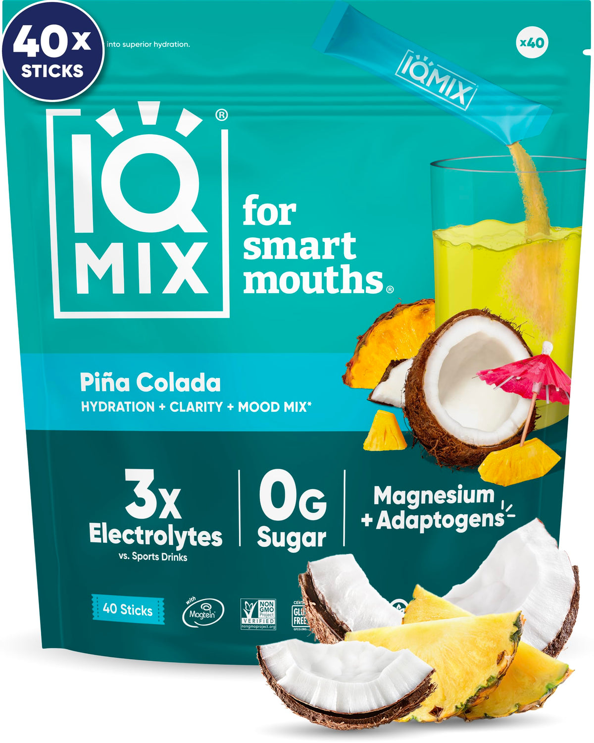 IQMIX hydration packet poured for quick, sugar-free hydration on the go.