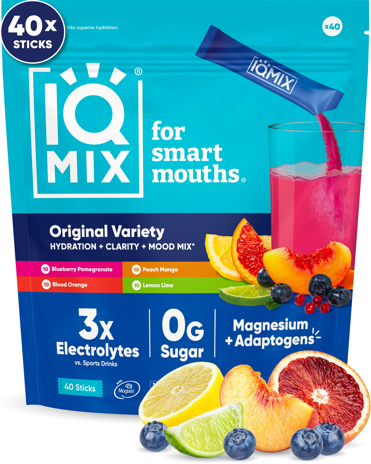 IQMIX hydration electrolyte packets in Blood Orange for on-the-go refreshment.