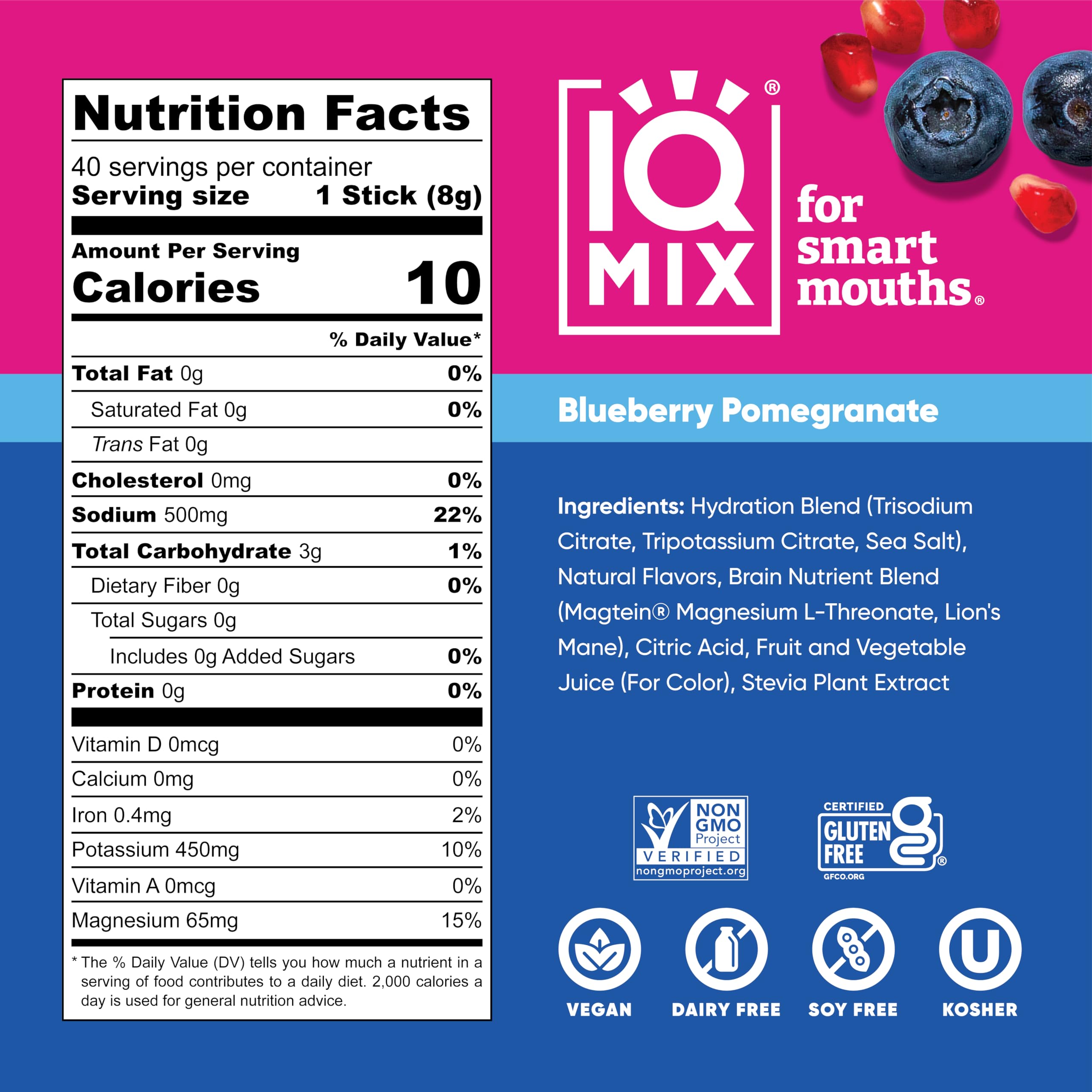 Pouring IQMIX into a glass reveals vibrant Blueberry Pomegranate flavor
