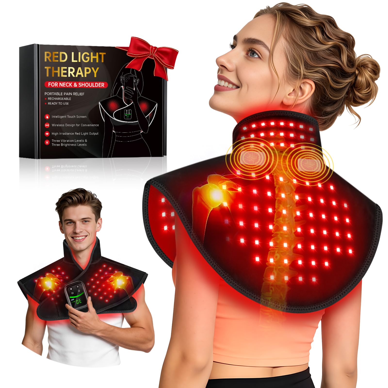 IRELEX cordless red light therapy pad wrapped around neck and shoulders for targeted relief.