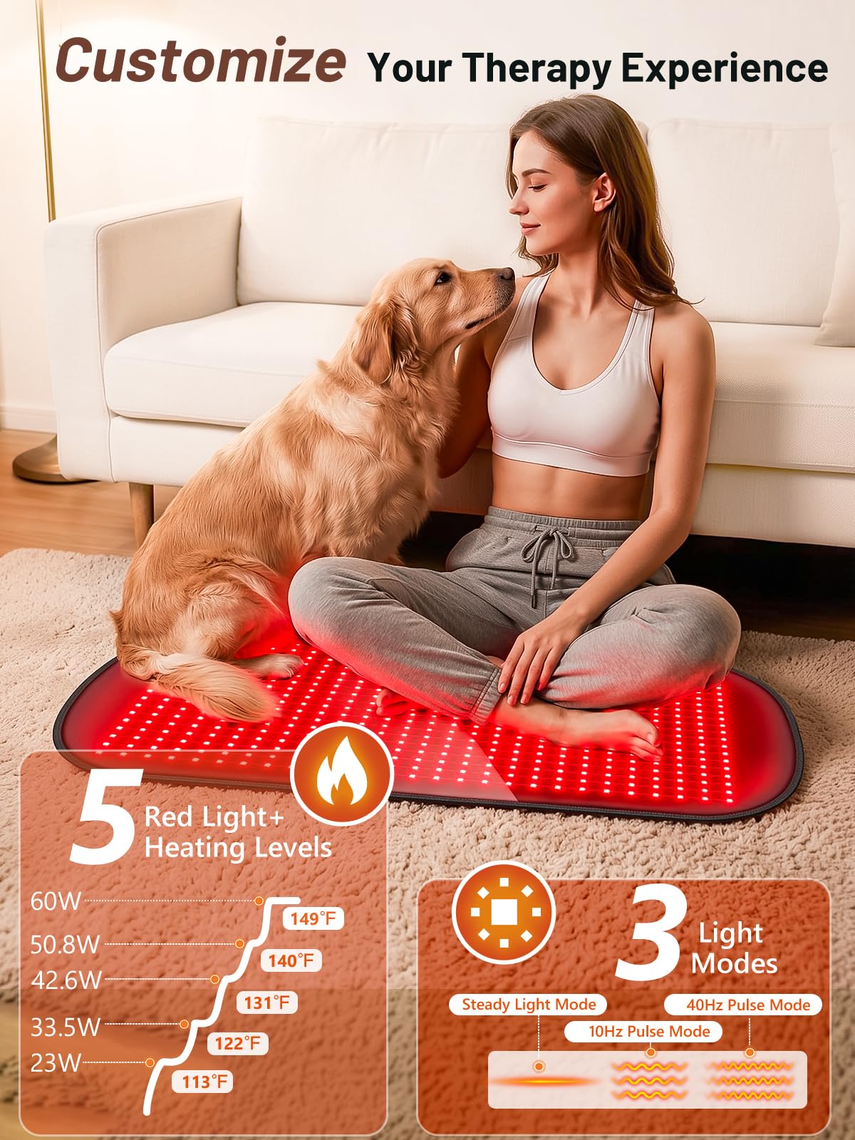 IRELEX red light therapy mat in use on a couch for convenient home wellness.