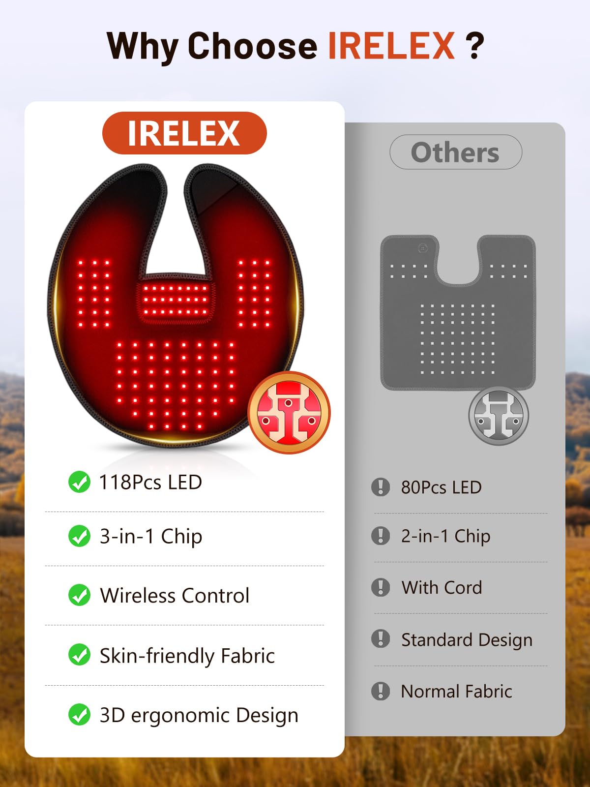 IRELEX vibration massage complements light therapy for relaxed muscles.