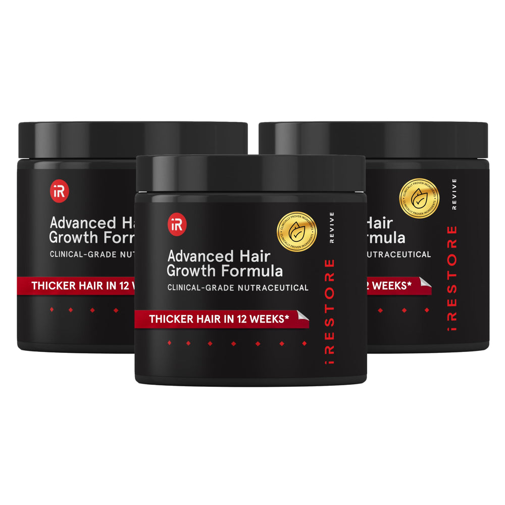 iRestore advanced hair growth supplement pack with three bottles for hair vitality