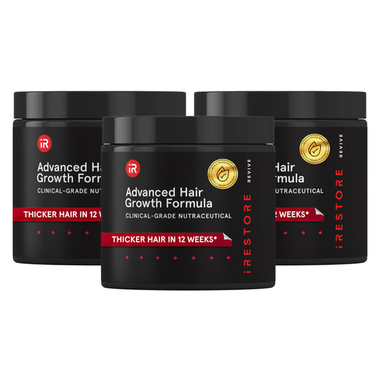 iRestore advanced hair growth supplement pack with three bottles for hair vitality