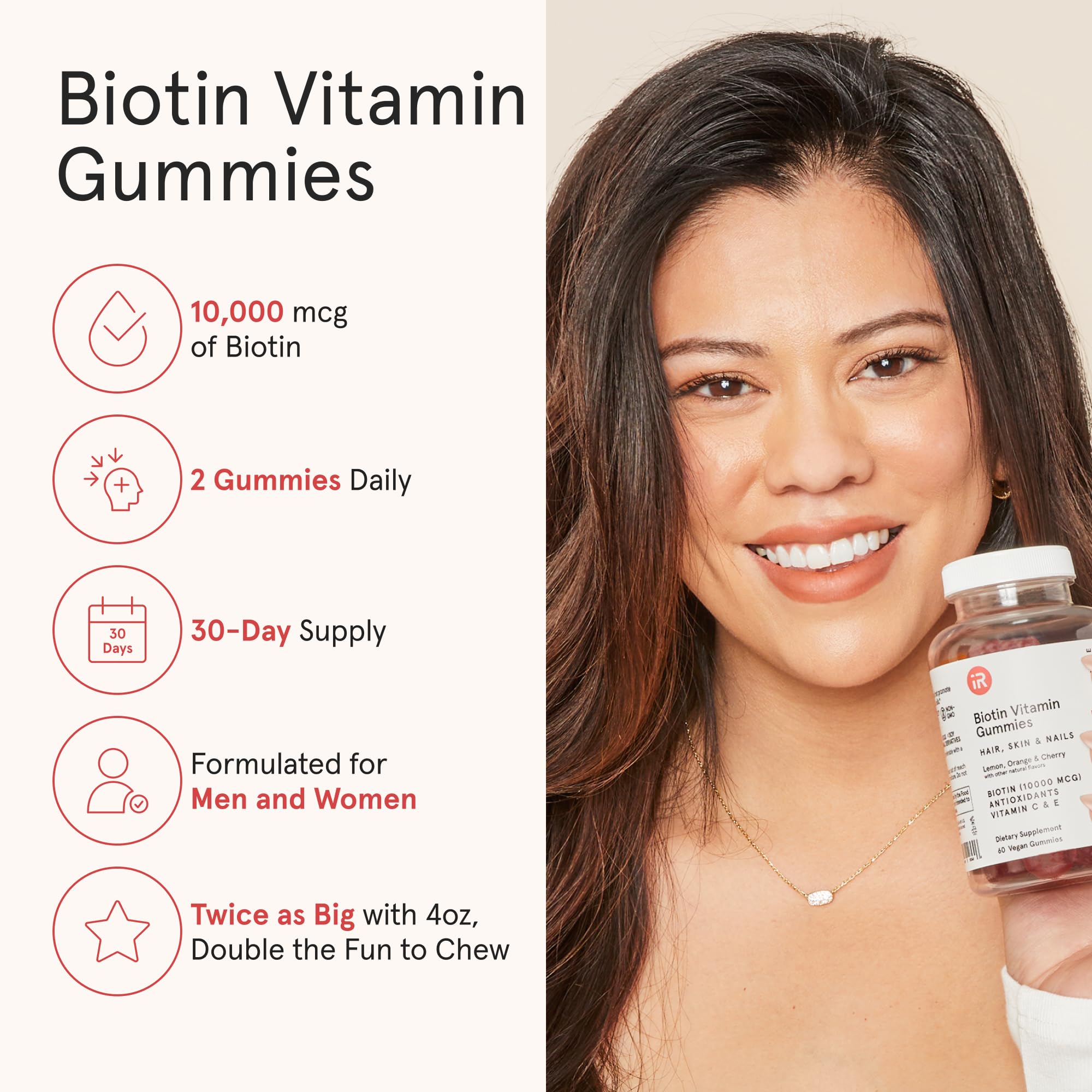 iRestore Biotin Gummies close-up shows colorful gummies for hair nourishment