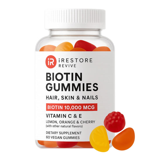 iRestore Biotin Gummies front bottle shows daily hair, skin, and nail support