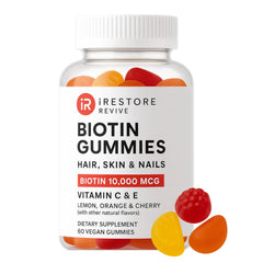 iRestore Biotin Gummies front bottle shows daily hair, skin, and nail support