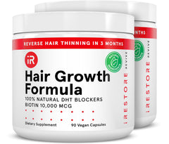 iRestore hair growth supplement bottle highlights vegan, non-GMO formula for daily hair wellness.