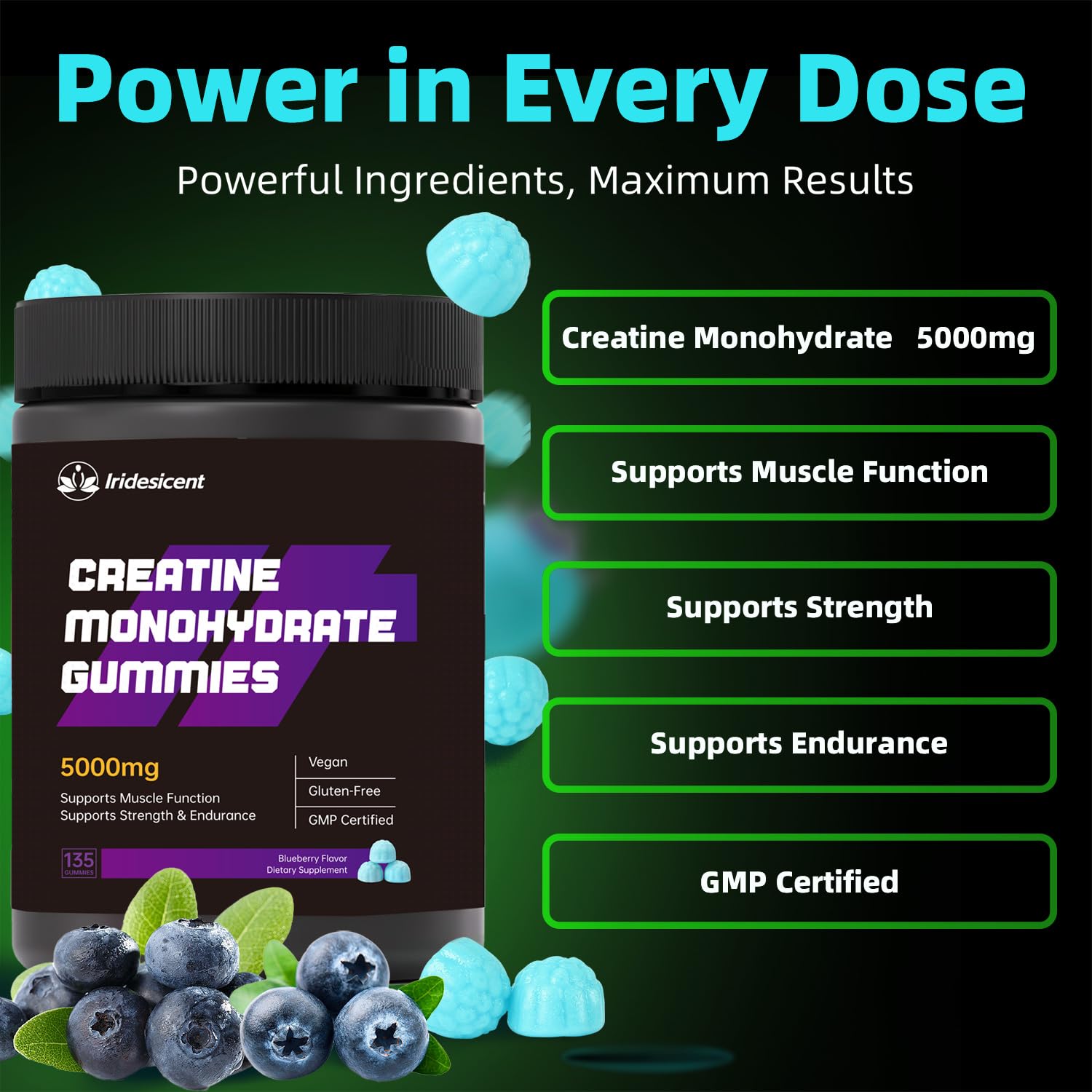 Iridesicent Blueberry-flavored Gummies pack demonstrates portable supplement for workouts.