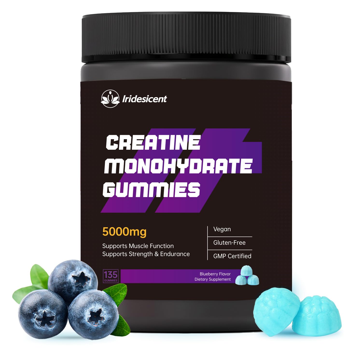 Iridesicent Creatine Monohydrate Gummies bottle for convenient daily supplementation.