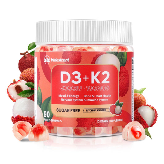 Iridesicent Vitamin D3 K2 Gummies bottle in lychee flavor for daily wellness support.
