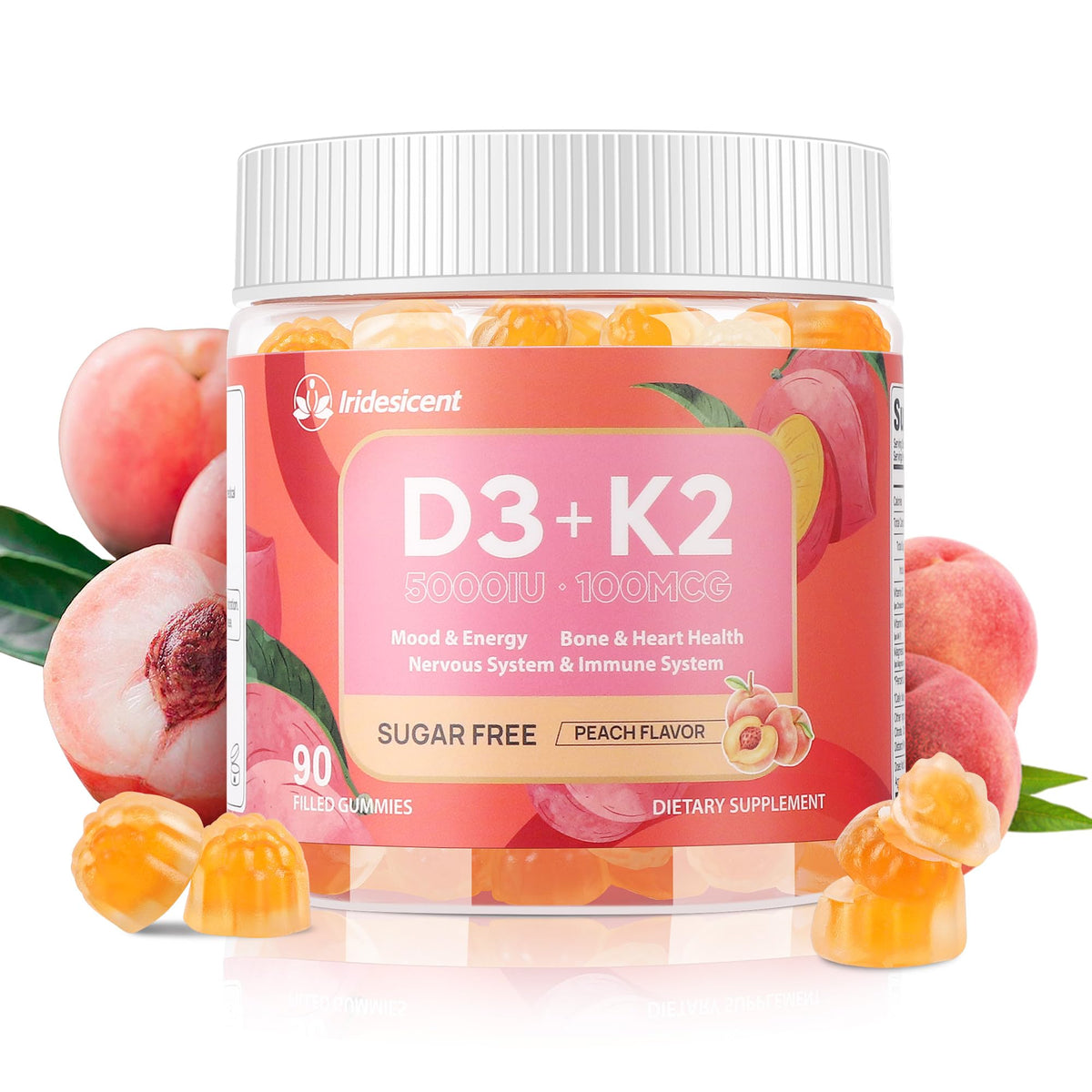 Iridesicent vitamin D3 K2 gummies bottle for daily wellness.