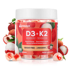 Iridesicent Vitamin D3 K2 Gummies bottle in lychee flavor for daily wellness support.
