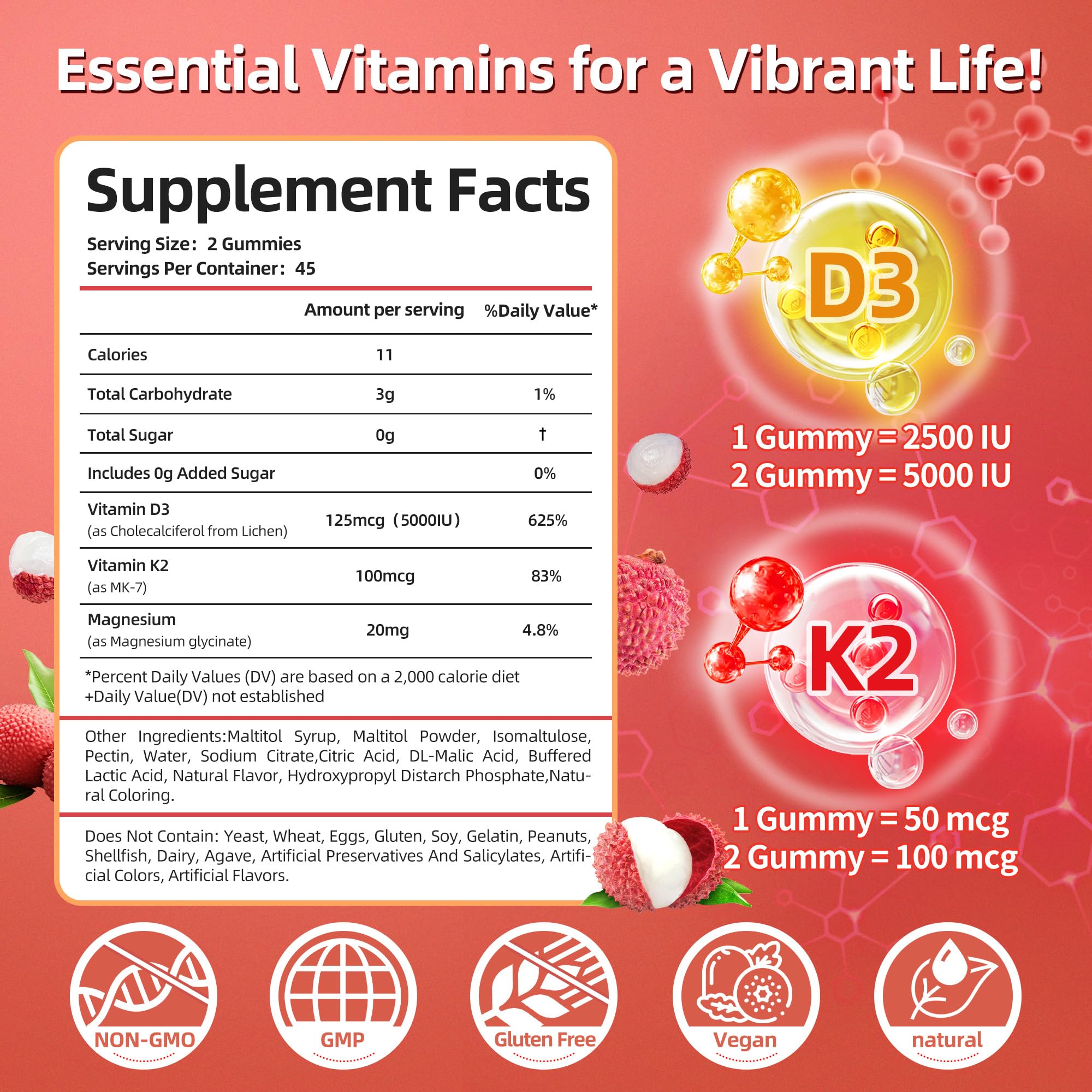 Iridesicent Vitamin D3 K2 Gummies label highlighting D3 5,000 IU and K2 100 mcg.