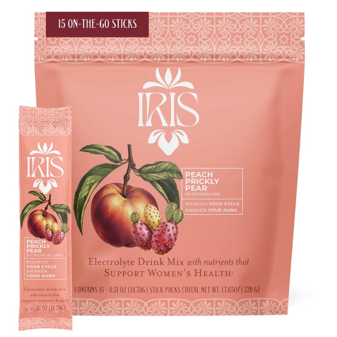 Iris Hormone Health peach-prickly-pear packets for easy on-the-go hydration.