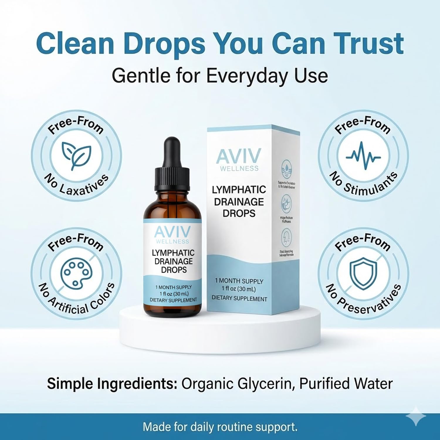 IRMI Avivwellness drops pour-ready design shown to dissolve in beverages.