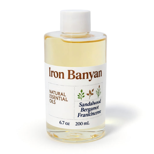 Iron Banyan 200ml diffuser oil bottle showcasing long-lasting diffusion
