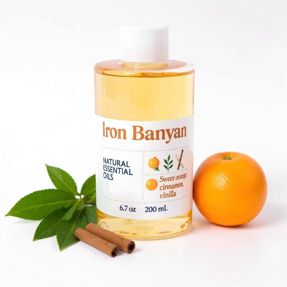 Iron Banyan aromatherapy oil bottle pour for a calming, uplifting ambiance
