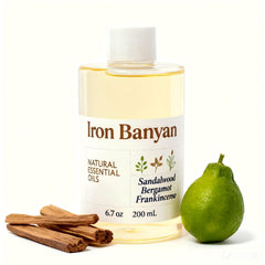 Iron Banyan sandalwood bergamot frankincense bottle close-up for calming ambiance