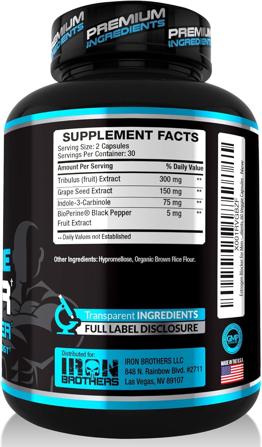 Iron Brothers Estrogen Blocker capsules showing natural balance for workouts and recovery.