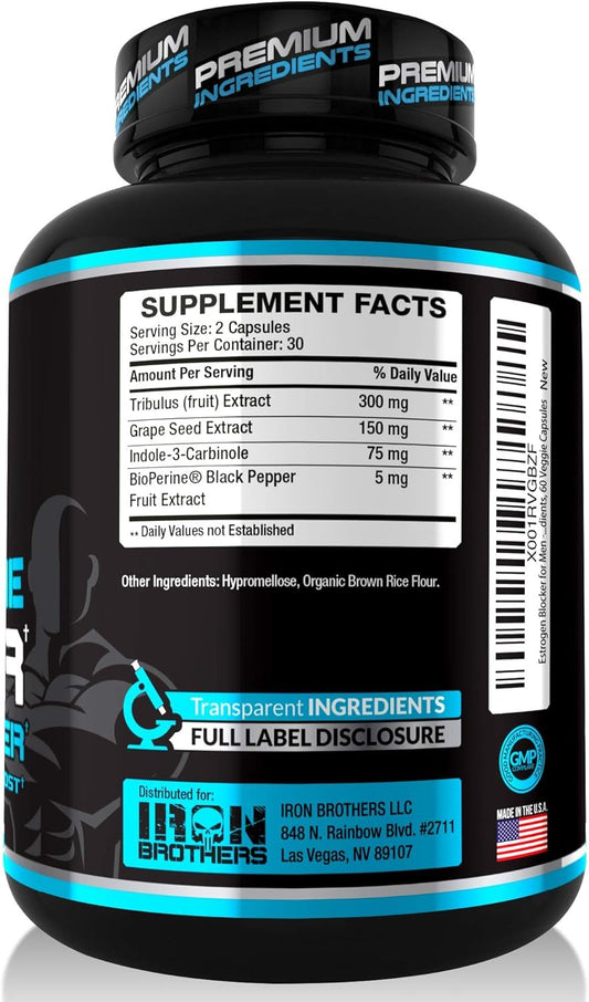 Iron Brothers Estrogen Blocker capsules showing natural balance for workouts and recovery.