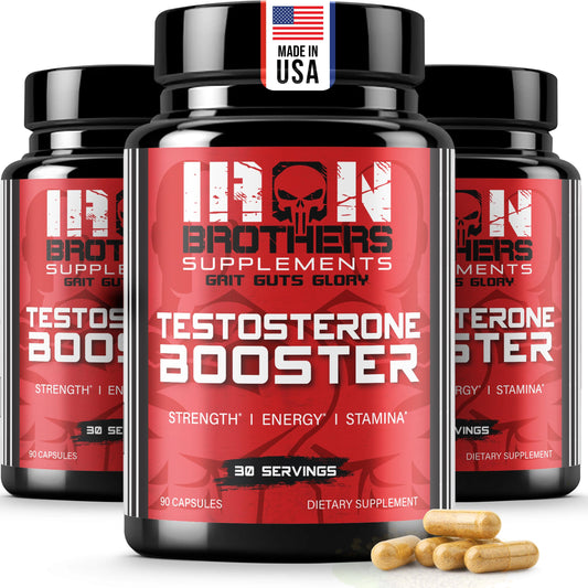 Iron Brothers Men’s Testosterone Support bottle pour promotes daily vitality and focus.