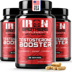 Iron Brothers Men’s Testosterone Support bottle pour promotes daily vitality and focus.