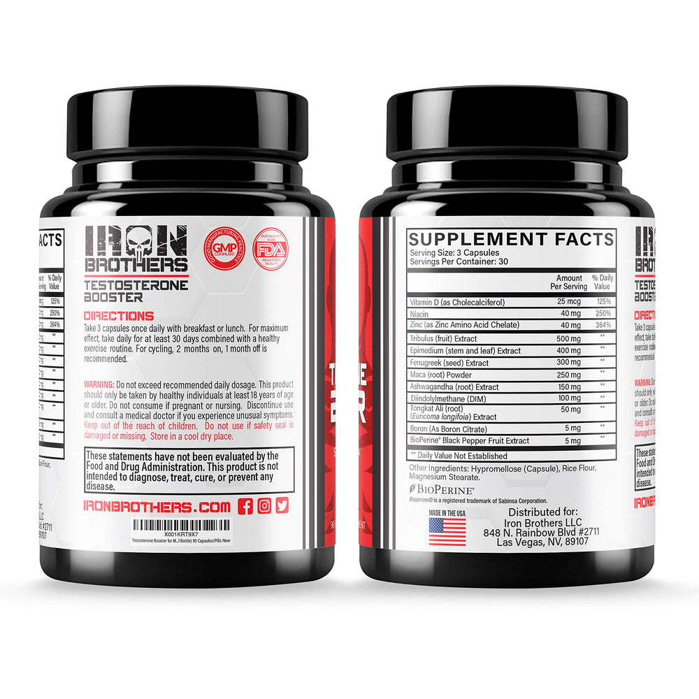 Iron Brothers Men’s Testosterone Support capsules close-up shows Tribulus and Tongkat Ali blend for consistent training.