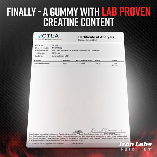 Iron Labs Nutrition Creatine Gummies strawberry flavor for workouts and taste.