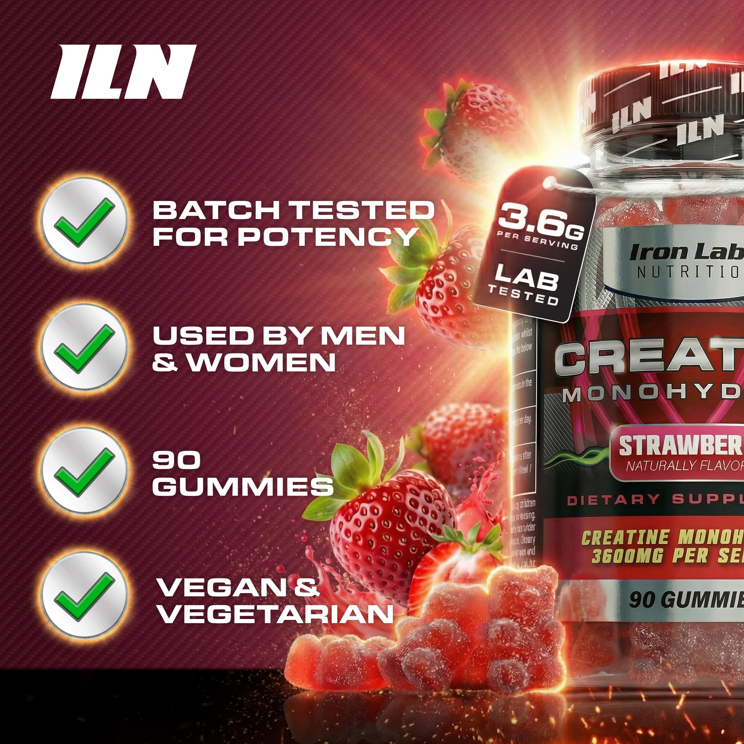 Iron Labs Nutrition Creatine Monohydrate Gummies batch testing certificate shows lab compliance.
