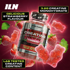 Iron Labs Nutrition Creatine Monohydrate Gummies serving count label highlights a month of use.