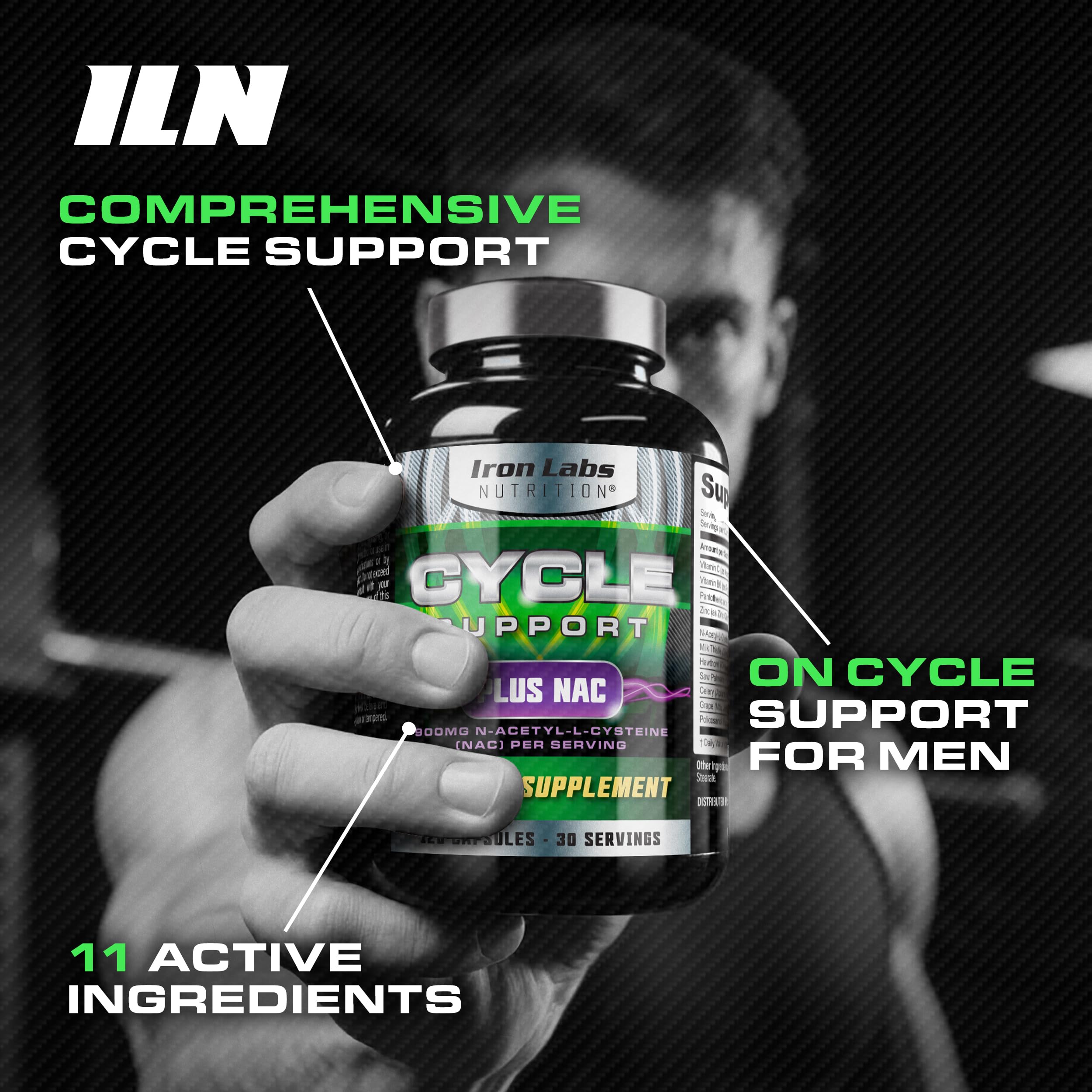 Iron Labs Nutrition Cycle Support Plus NAC label closeup with transparent ingredient list.