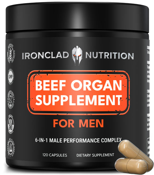 Ironclad Nutrition beef organ supplement packaging with labeled capsules for daily use.