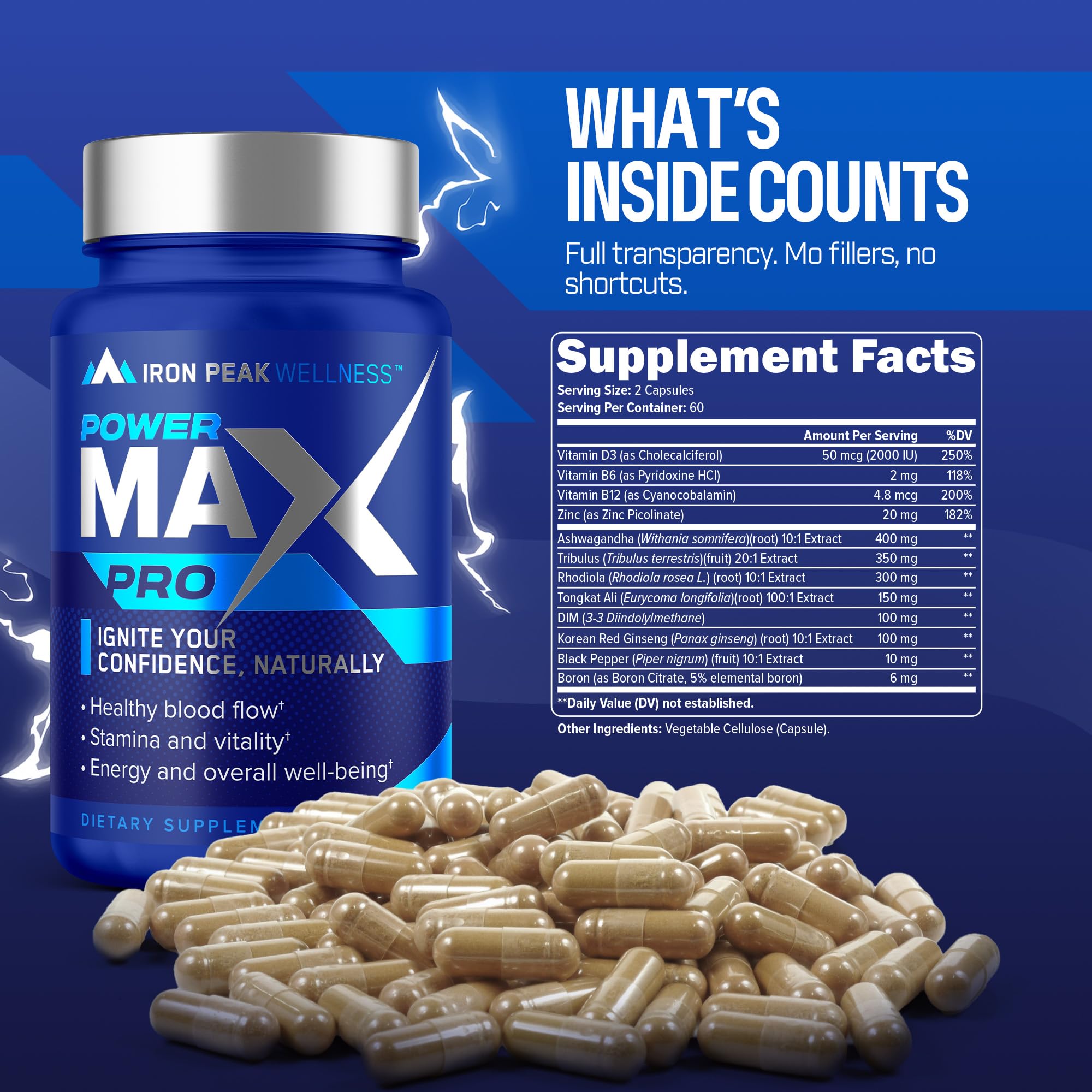 IronPeak Wellness Testosterone Booster bottle side shows dosing for steady stamina during workouts.