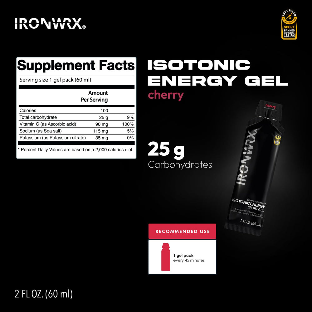 IRONWRX cherry energy gel in jersey pocket for steady energy.